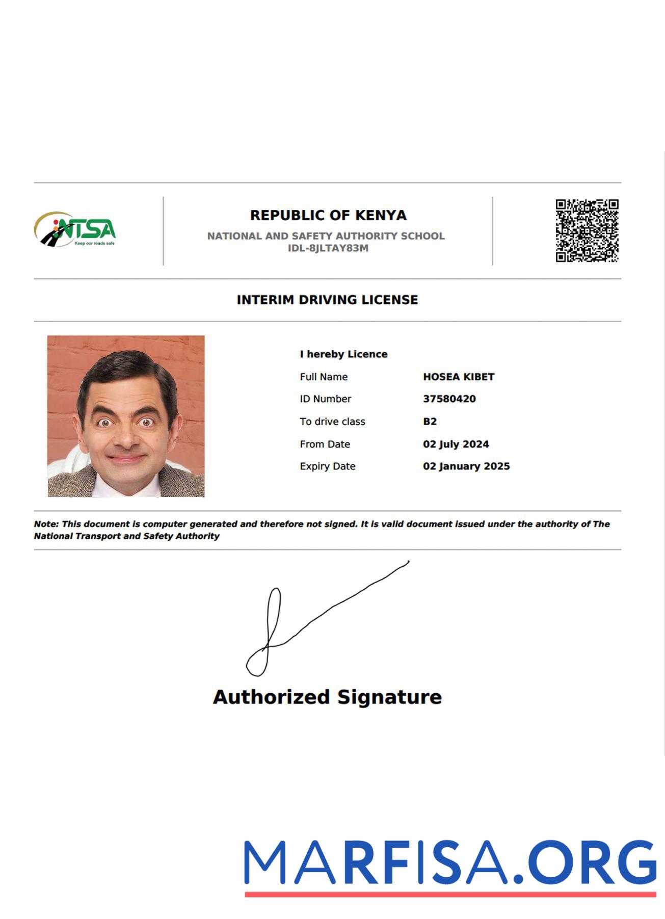 Realistic Kenya interim driving license sample
